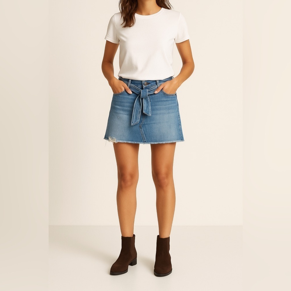 Polo Ralph Lauren Denim Mini Skirt | Raw Hem Belted Jean Skirt | Size 29 - Picture 3 of 6